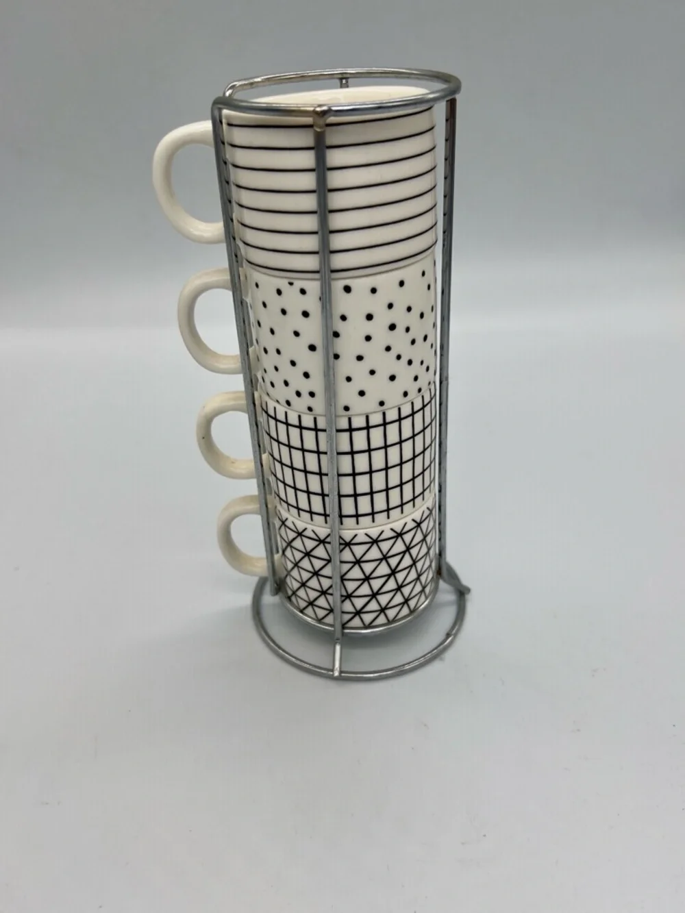 Stackable Ceramic Espresso Cup Set in White with Black Geometric Patterns